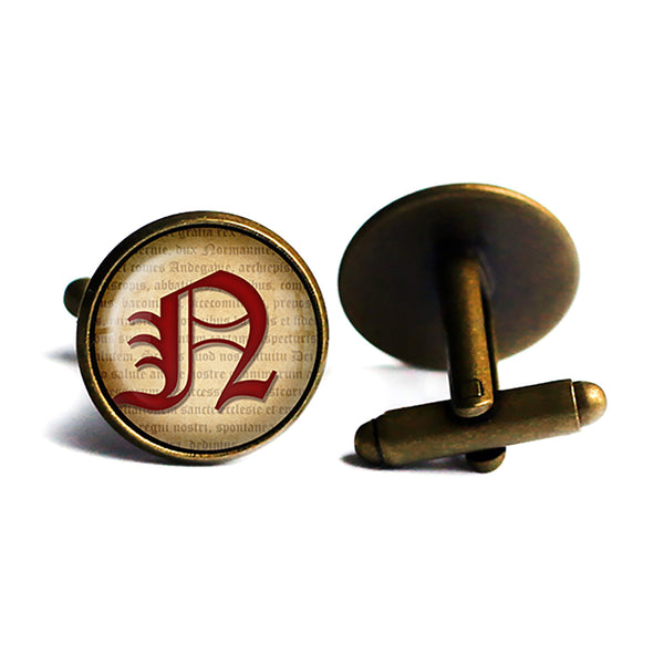 N Letter Old English Gothic Blackletter Magna Carta Antique Bronze Cufflinks