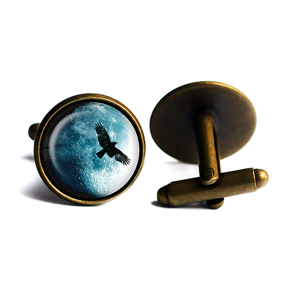 Halloween Full Moon Raven Antique Bronze Cufflinks