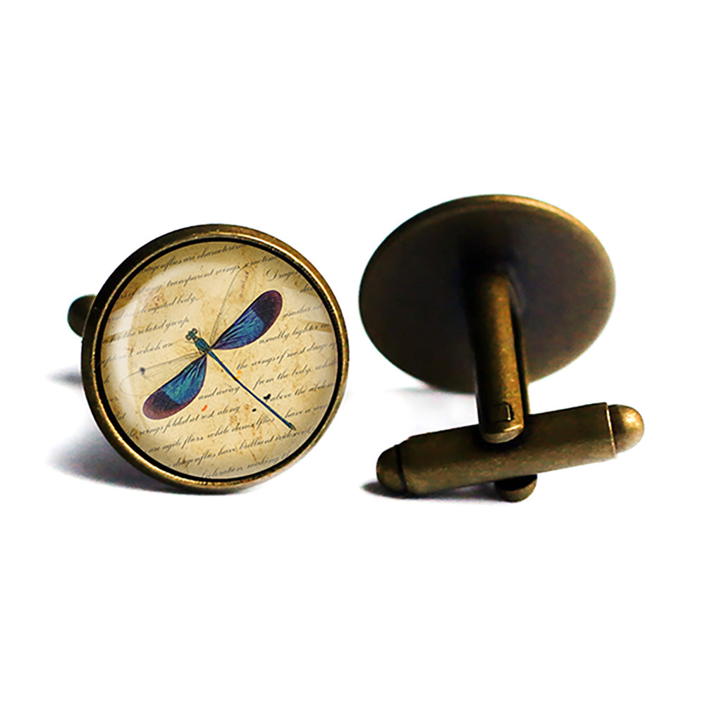 Blue Dragonfly on Parchment Antique Bronze Cufflinks