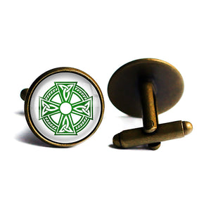 Celtic Symbol Triquetras Green on White Antique Bronze Cufflinks