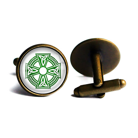 Celtic Symbol Triquetras Green on White Antique Bronze Cufflinks