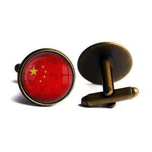 China Chinese 中国 Flag Antique Bronze Cufflinks