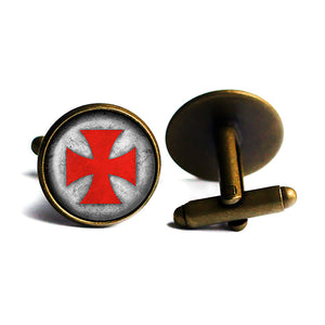 Worn Knights Templar Cross Red on White Antique Bronze Cufflinks