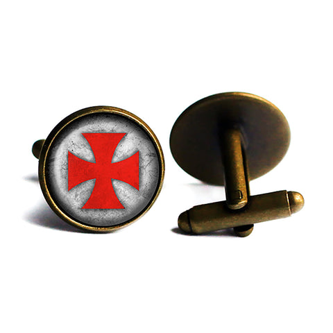 Worn Knights Templar Cross Red on White Antique Bronze Cufflinks