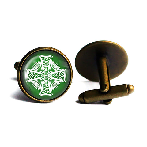 Celtic Cross White on Green Antique Bronze Cufflinks