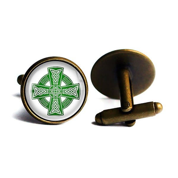 Celtic Cross Green on White Antique Bronze Cufflinks