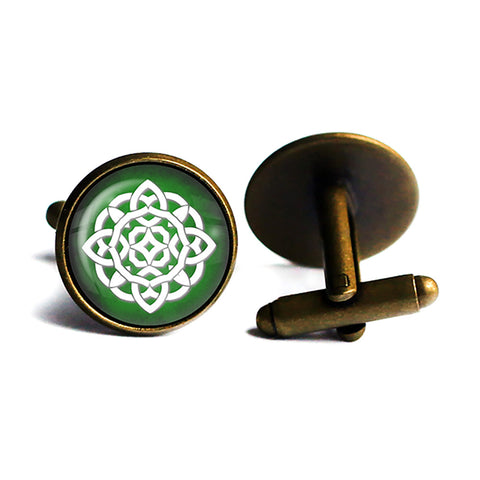 Celtic Symbol Circle White on Green Antique Bronze Cufflinks