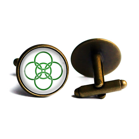 Celtic Five Fold Circle Green on White Antique Bronze Cufflinks