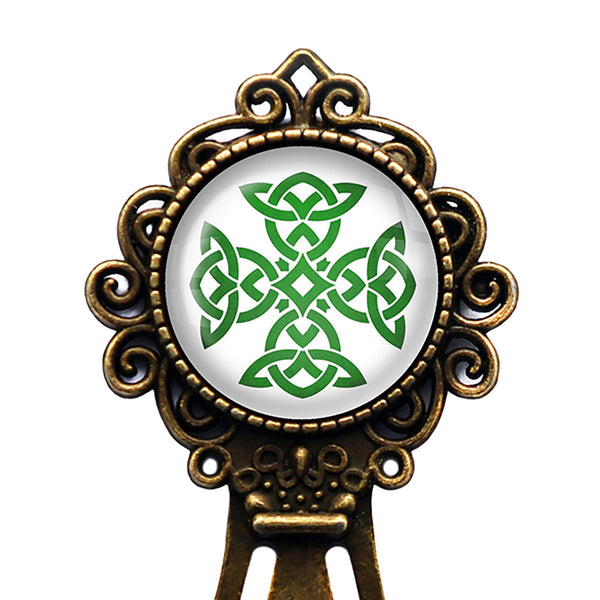 Celtic Knot Cross Green on White Bronze Bookmark