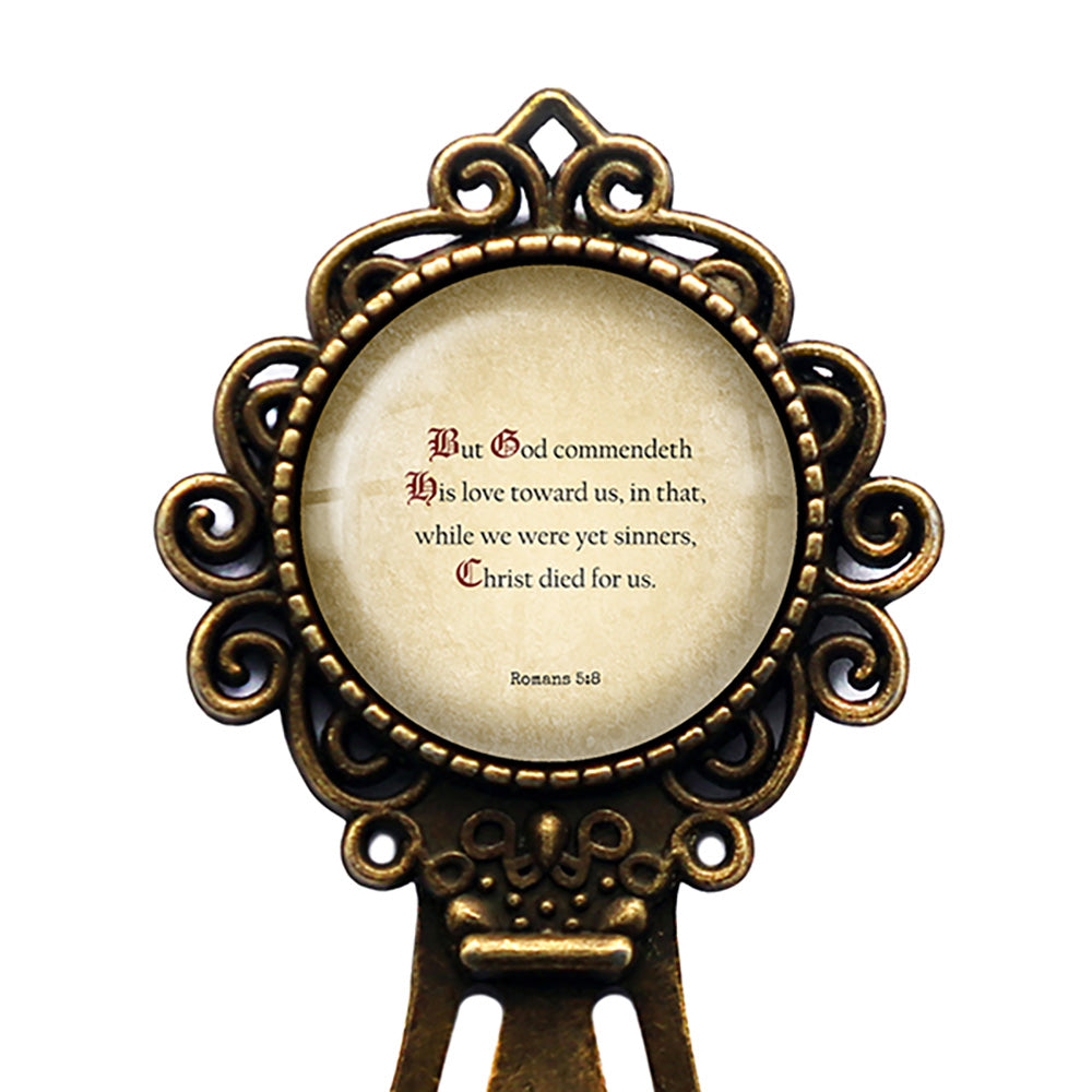Romans 5:8 God Commendeth His Love Toward Us King James Version KJV Bible Bronze Bookmark