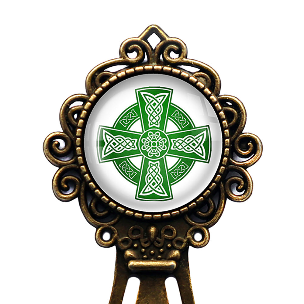 Celtic Cross Green on White Bronze Bookmark