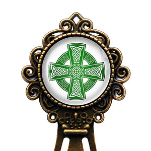 Celtic Cross Green on White Bronze Bookmark