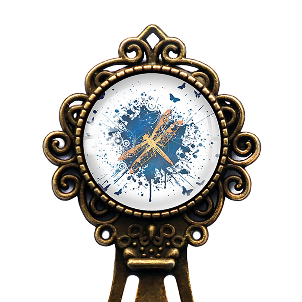 Blue Gold Grunge Dragonfly and Butterflies Bronze Bookmark