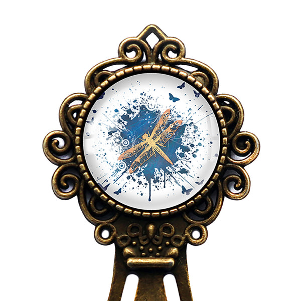 Blue Gold Grunge Dragonfly and Butterflies Bronze Bookmark