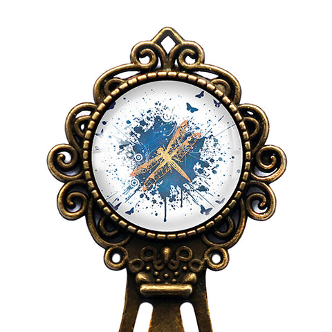 Blue Gold Grunge Dragonfly and Butterflies Bronze Bookmark