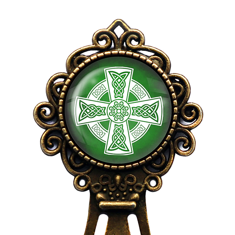 Celtic Cross White on Green Bronze Bookmark