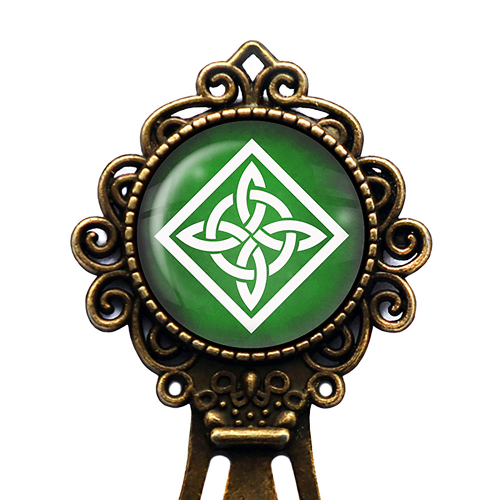 Celtic Knot Square White on Green Bronze Bookmark