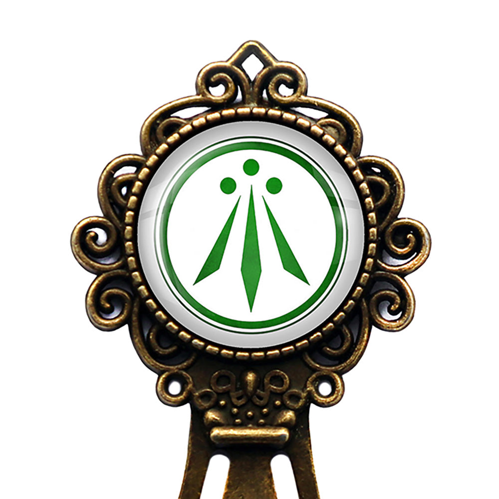 Celtic Symbol The Awen Three Rays of Light White on Green Bronze Bookmark