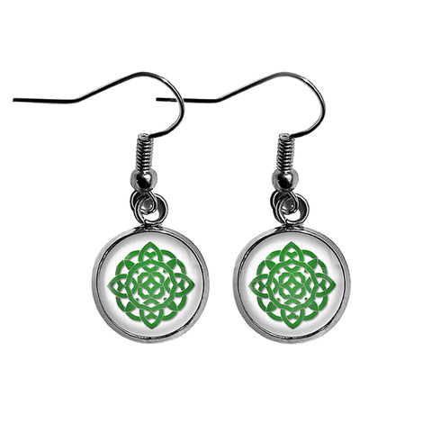 Celtic Knot Circle Green on White Surgical Steel Earrings