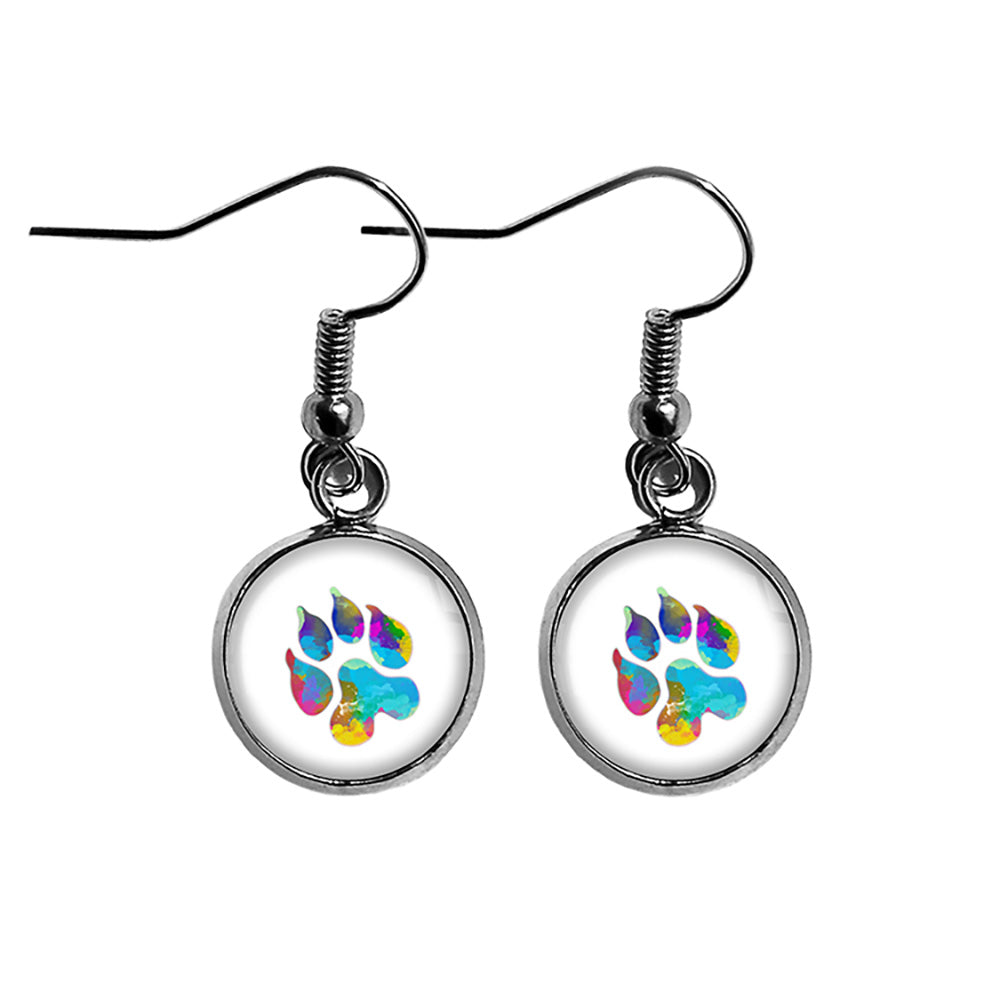 Leopard Paw Print Rainbow Watercolor Surgical Steel Earrings