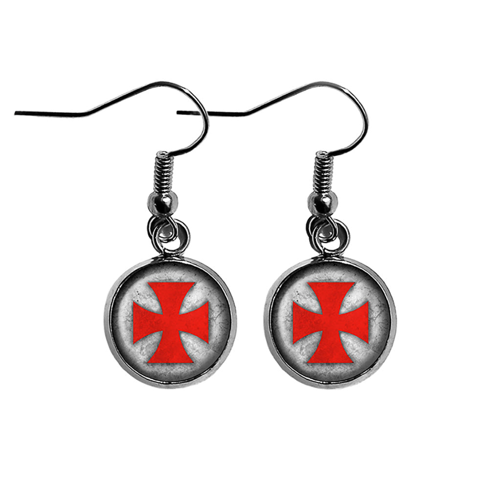 Worn Knights Templar Cross Red on White Surgical Steel Earrings