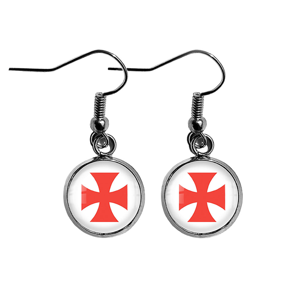 Knights Templar Cross Red on White Surgical Steel Earrings