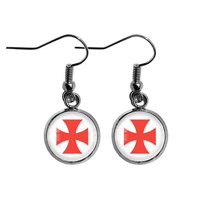Knights Templar Cross Red on White Surgical Steel Earrings