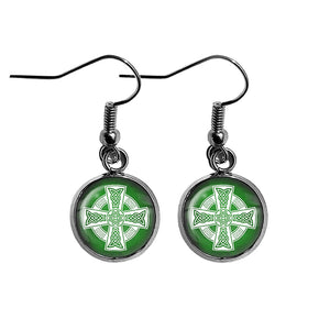Celtic Cross White on Green Surgical Steel Earrings
