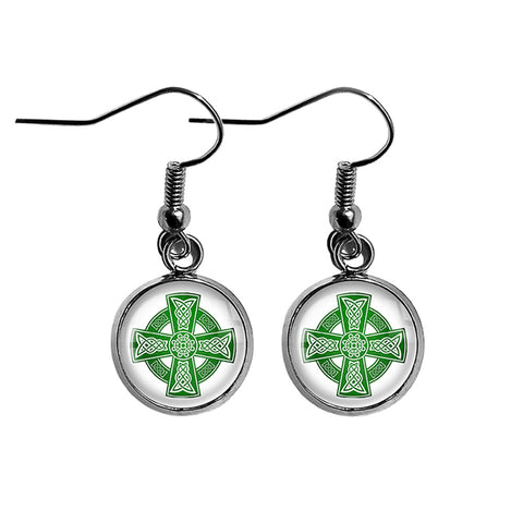 Celtic Cross Green on White Surgical Steel Earrings