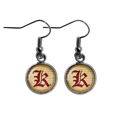 K Letter Old English Gothic Blackletter Magna Carta Surgical Steel Earrings