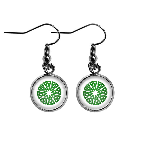 Celtic Knot Circle Green on White Surgical Steel Earrings