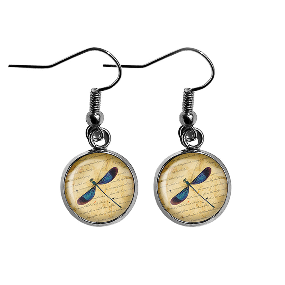 Blue Dragonfly on Parchment Surgical Steel Earrings