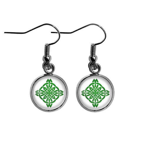 Celtic Knot Circle Green on White Surgical Steel Earrings