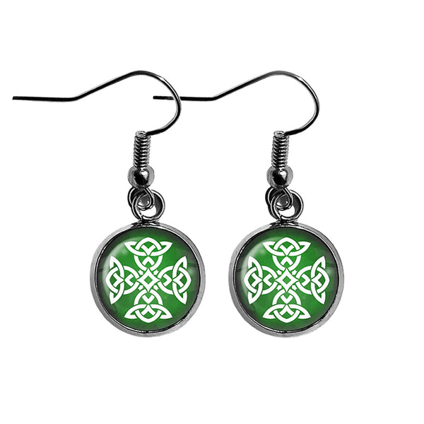 Celtic Knot White on Green Surgical Steel Earrings