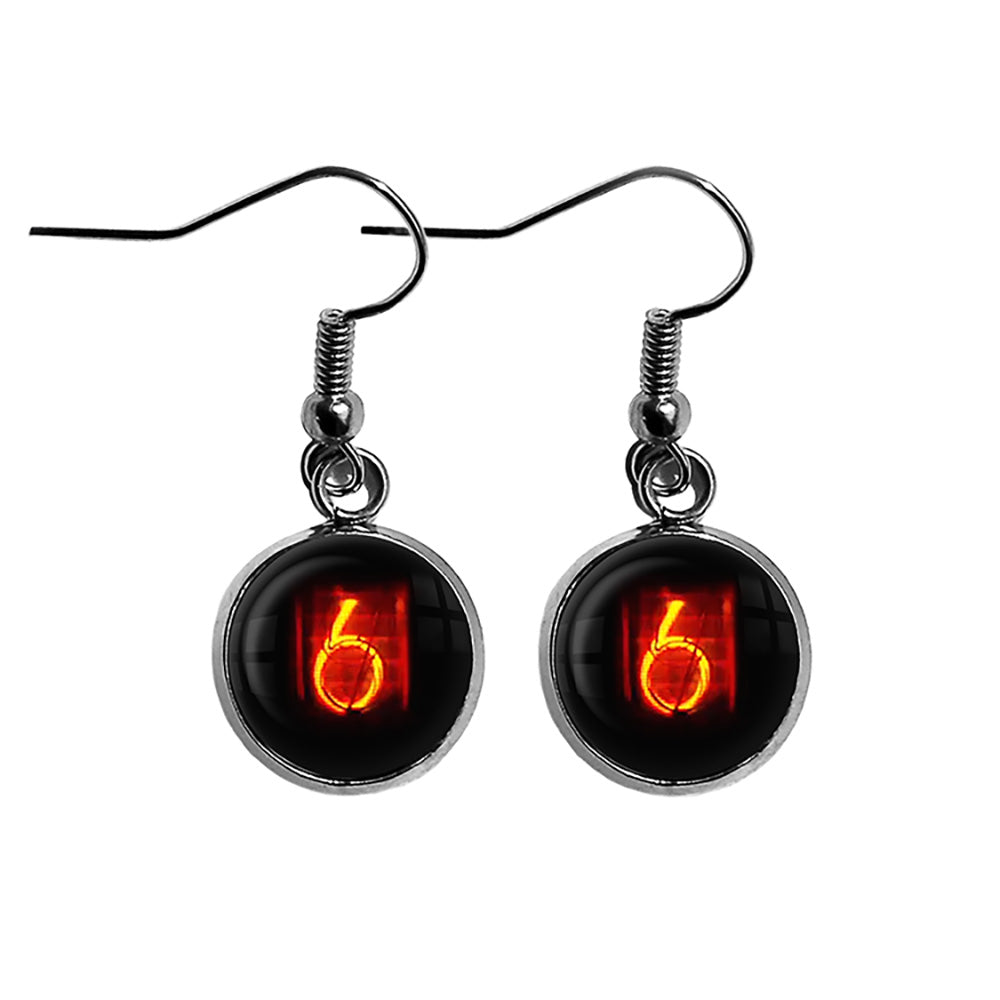 Dieselpunk Steampunk Cyberpunk Nixie Tube Print Number 6 Six Surgical Steel Earrings