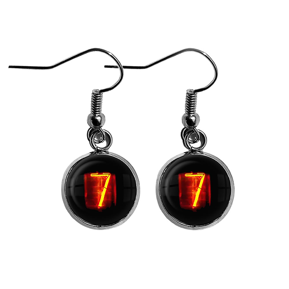 Dieselpunk Steampunk Cyberpunk Nixie Tube Print Number 7 Seven Surgical Steel Earrings