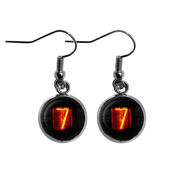 Dieselpunk Steampunk Cyberpunk Nixie Tube Print Number 7 Seven Surgical Steel Earrings