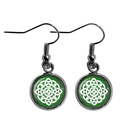 Celtic Symbol Circle White on Green Surgical Steel Earrings