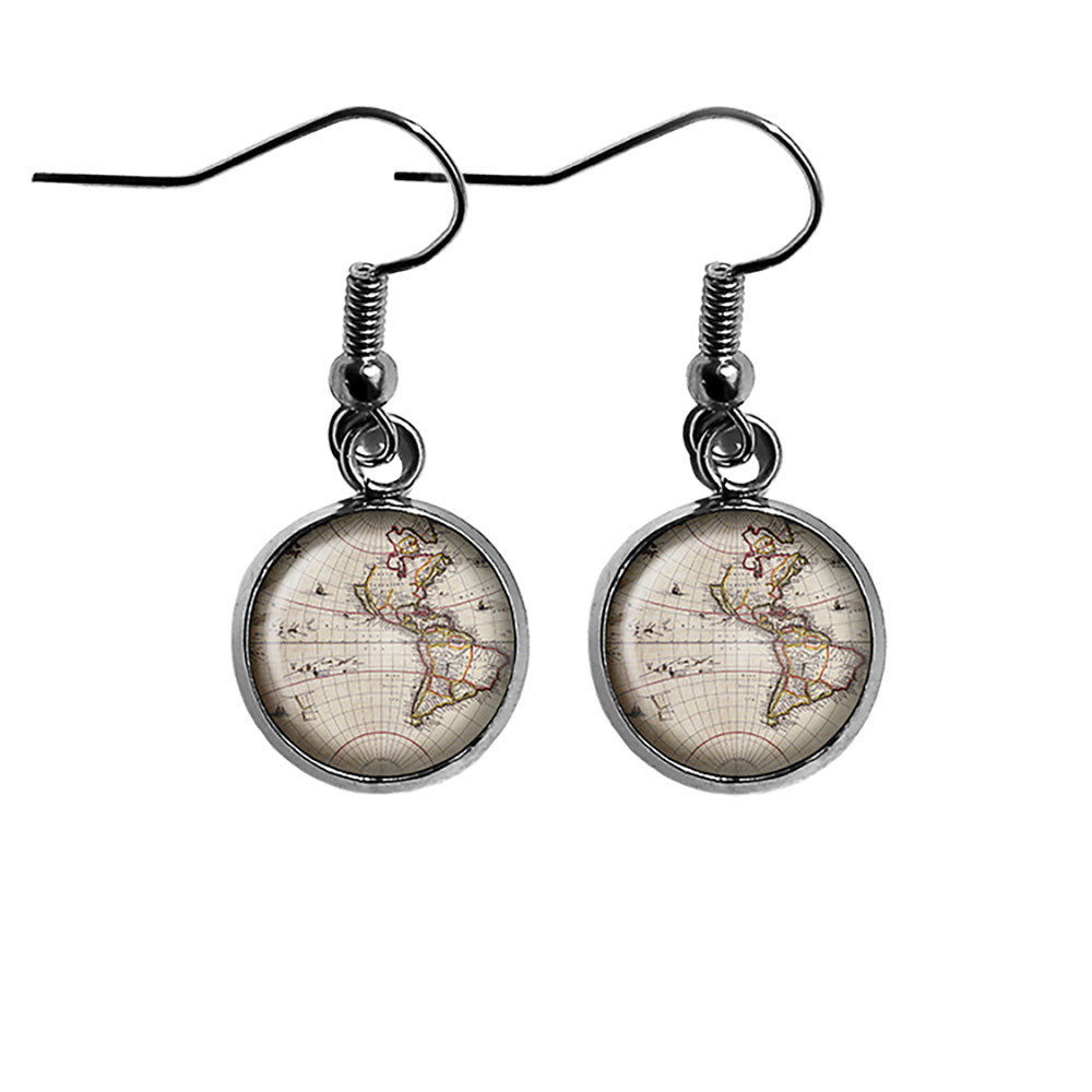 Ancient Map North South America Canada Surgical Steel Earrings