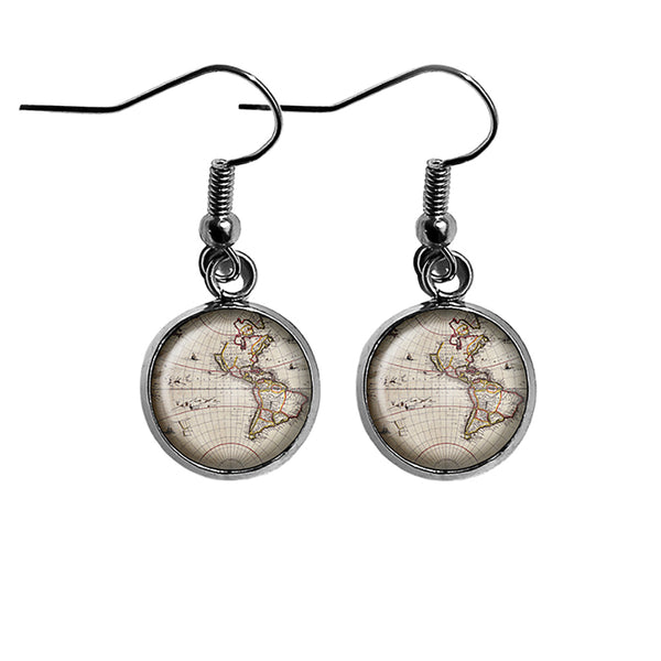Ancient Map North South America Canada Surgical Steel Earrings