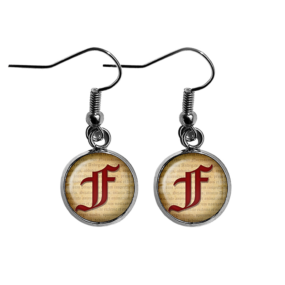 F Letter Old English Gothic Blackletter Magna Carta Surgical Steel Earrings