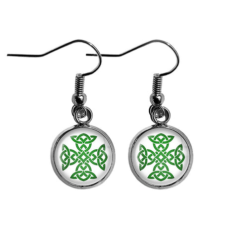 Celtic Knot Cross Green on White Surgical Steel Earrings