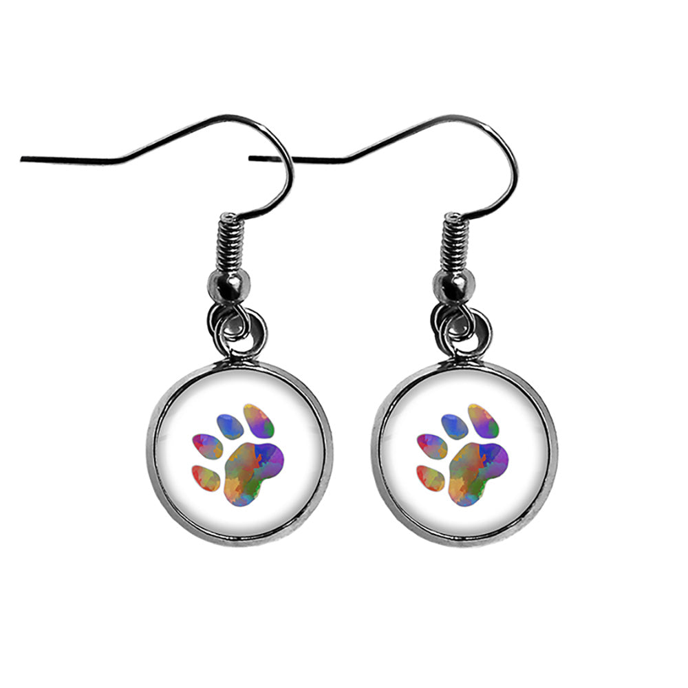Cat Paw Print Rainbow Watercolor Surgical Steel Earrings
