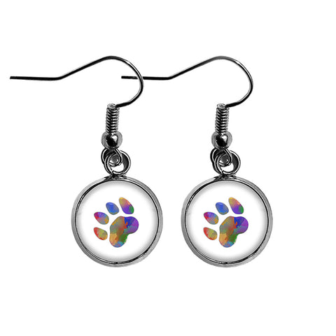 Cat Paw Print Rainbow Watercolor Surgical Steel Earrings