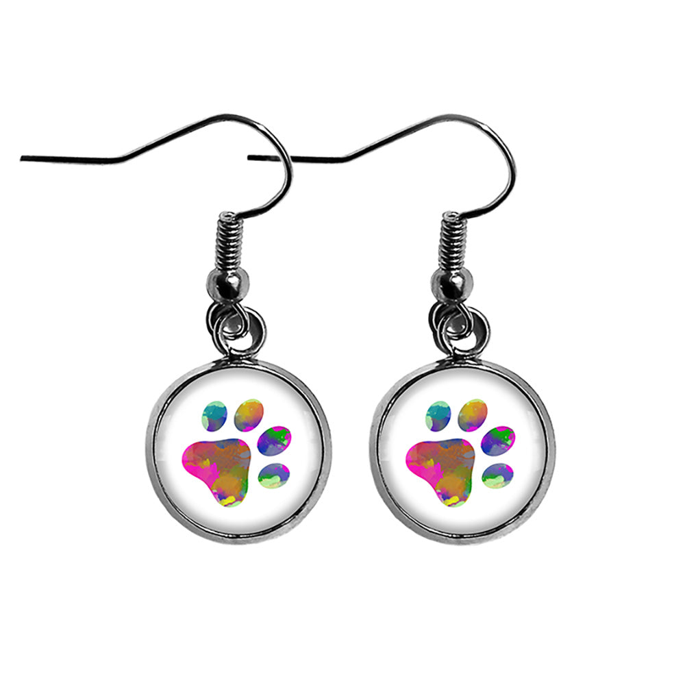 Dog Paw Print Rainbow Watercolor Surgical Steel Earrings