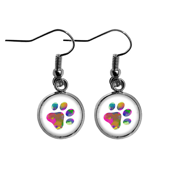 Dog Paw Print Rainbow Watercolor Surgical Steel Earrings
