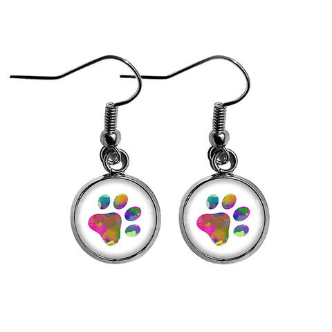 Dog Paw Print Rainbow Watercolor Surgical Steel Earrings
