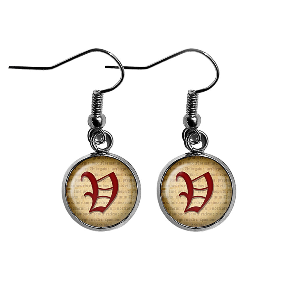 V Letter Old English Gothic Blackletter Magna Carta Surgical Steel Earrings