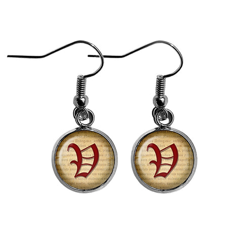V Letter Old English Gothic Blackletter Magna Carta Surgical Steel Earrings