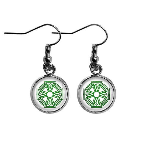 Celtic Symbol Triquetras Green on White Surgical Steel Earrings